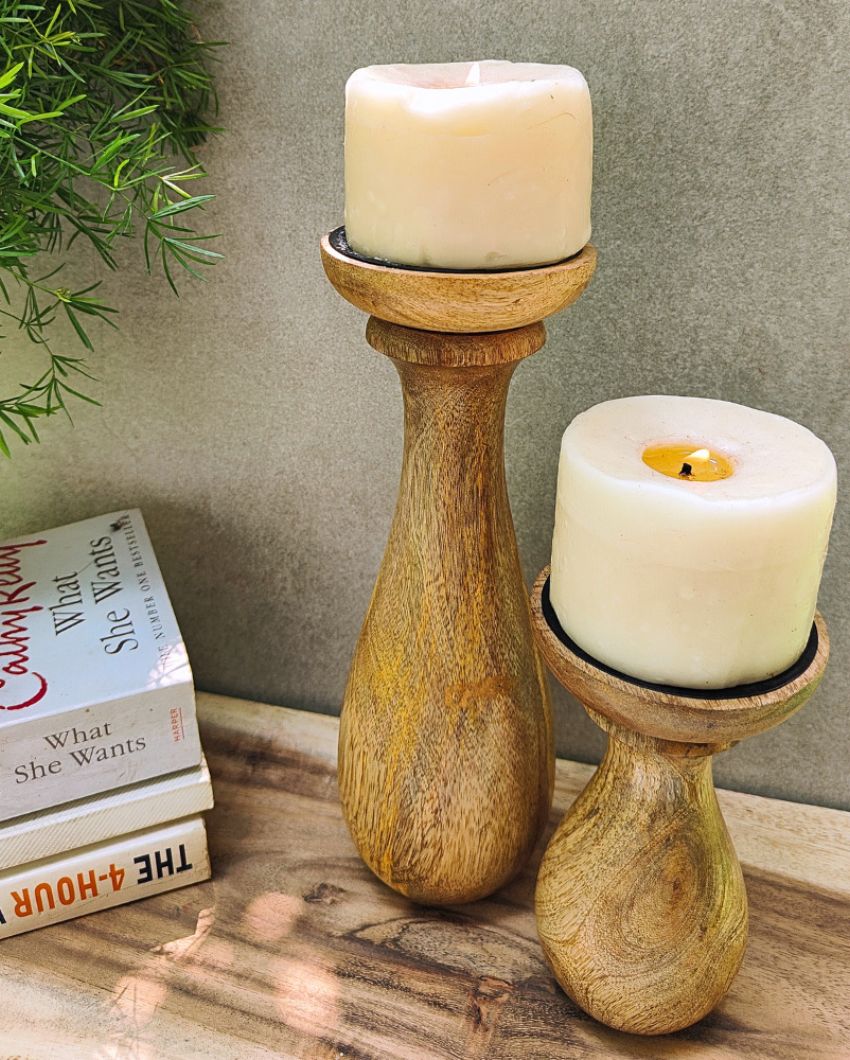 RaDiyant Twins Mango Wood Candle Stands With Candles