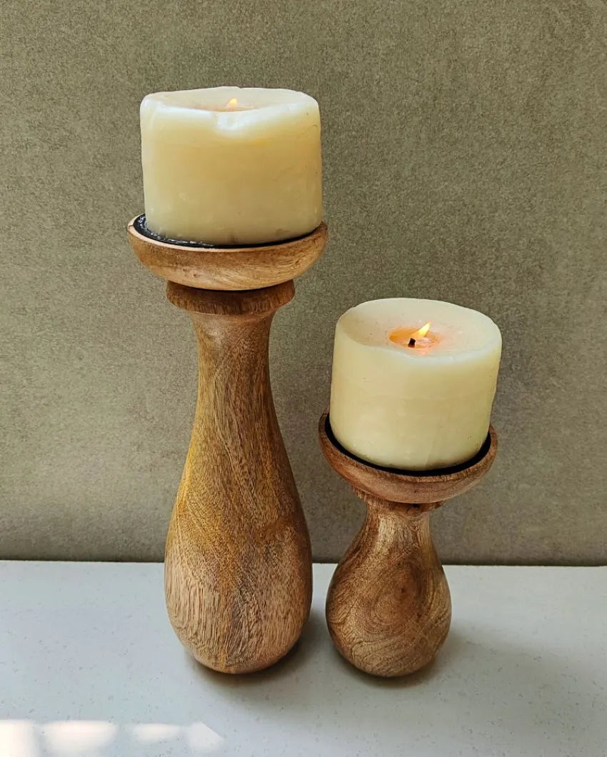 RaDiyant Twins Mango Wood Candle Stands With Candles