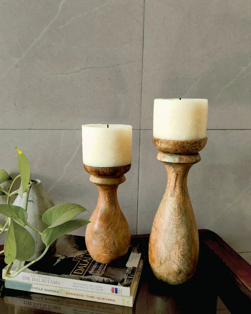 RaDiyant Twins Mango Wood Candle Stands With Candles