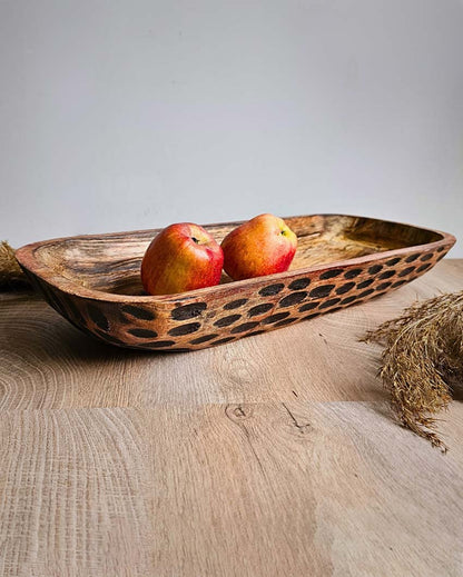 Rustic Wooden Bowl With Hand-Painted Black Spot Design | 18 x 7 x 4 inches