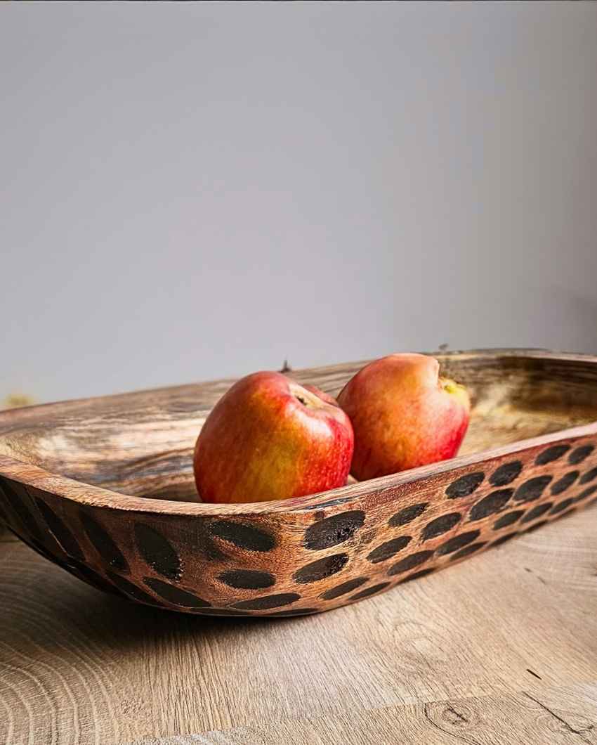 Rustic Wooden Bowl With Hand-Painted Black Spot Design | 18 x 7 x 4 inches