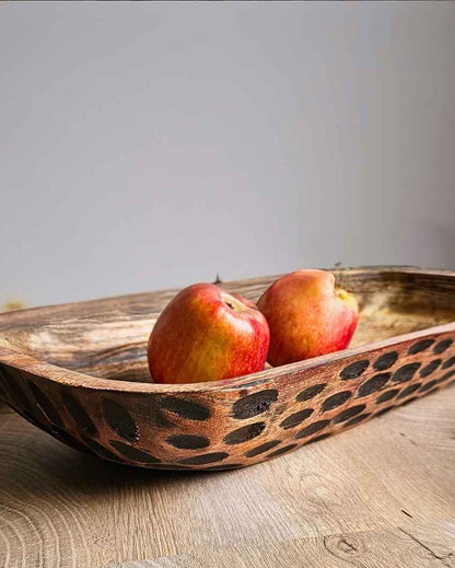 Rustic Wooden Bowl With Hand-Painted Black Spot Design | 18 x 7 x 4 inches