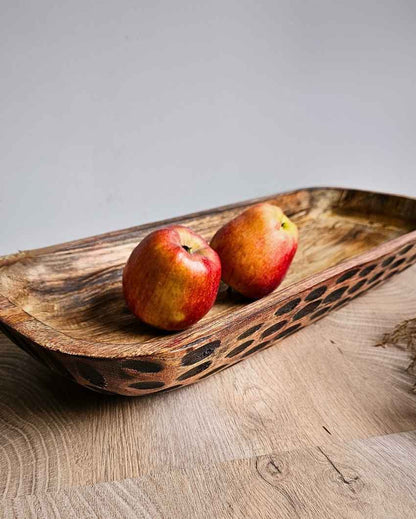 Rustic Wooden Bowl With Hand-Painted Black Spot Design | 18 x 7 x 4 inches