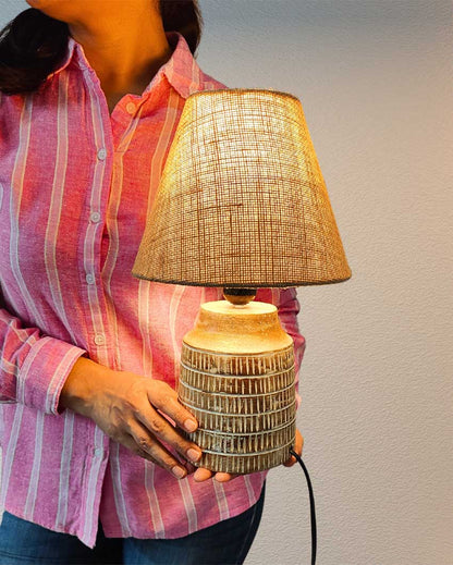 Elegant Whitewashed Mango Wood Lamp With Jute Shade | 6 x 14 inches