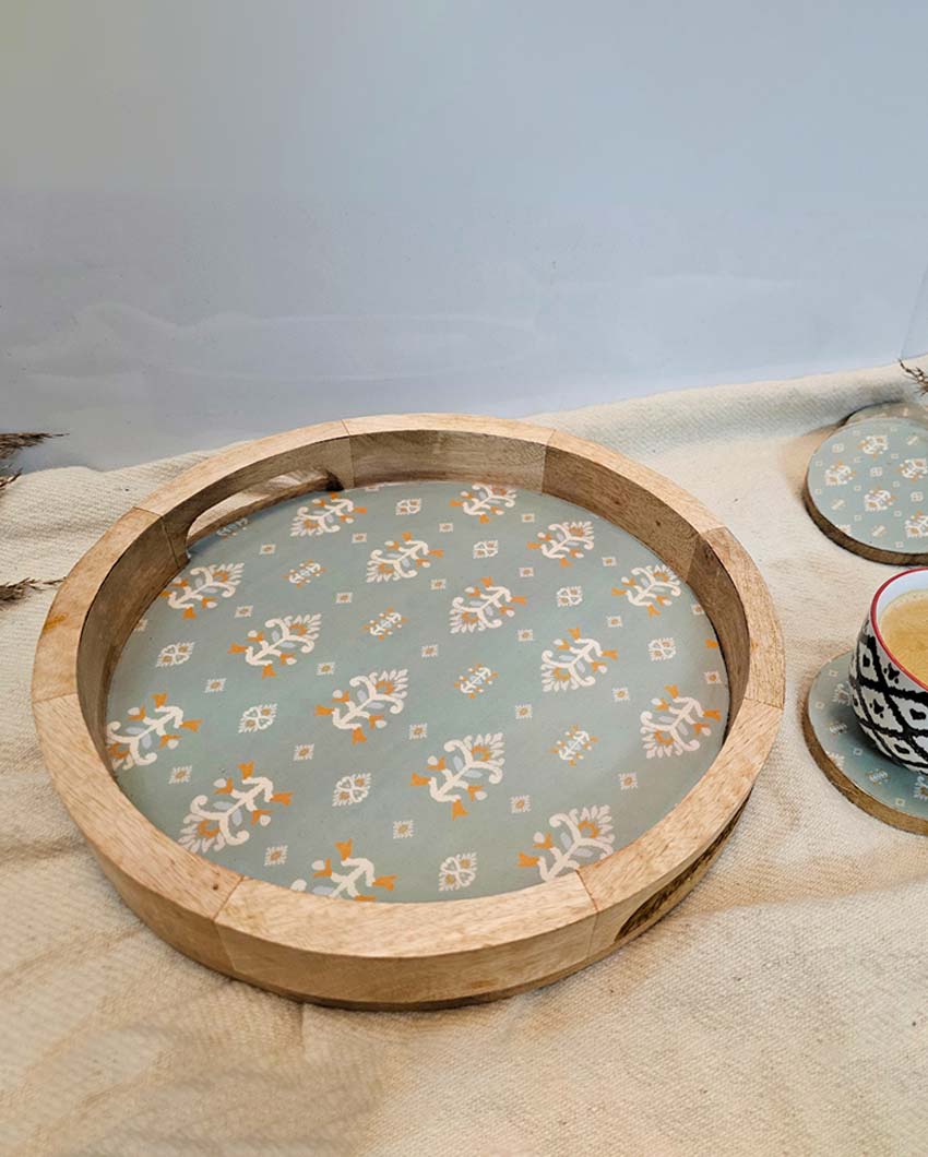 Handcrafted Wooden Serving Tray with Traditional Motif Design | 12 x 2 inches