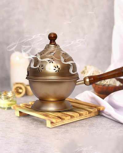 Elegant Gold Metal Loban Burner With Handle And Knob | 11 x 5 x 5 inches