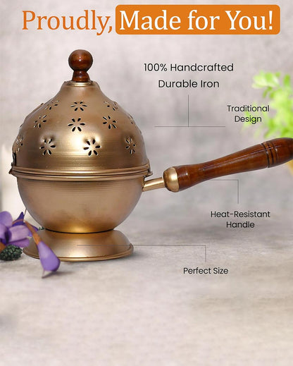 Elegant Gold Metal Loban Burner With Handle And Knob | 11 x 5 x 5 inches