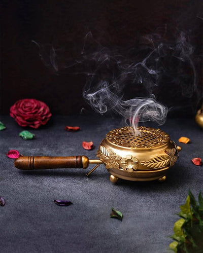 Gold Flower Leaf Design Metal Loban and Dhoop Dani With Handle | 10 x 5 x 5 inches