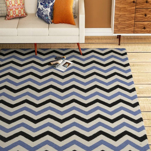 Chevron Hand Woven Dhurrie Wool Rug Bold Patterns | Blue | 4 x 6 Feet