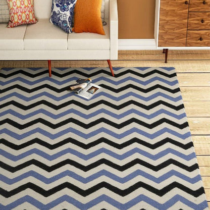 Chevron Hand Woven Dhurrie Wool Rug Bold Patterns | Blue | 4 x 6 Feet