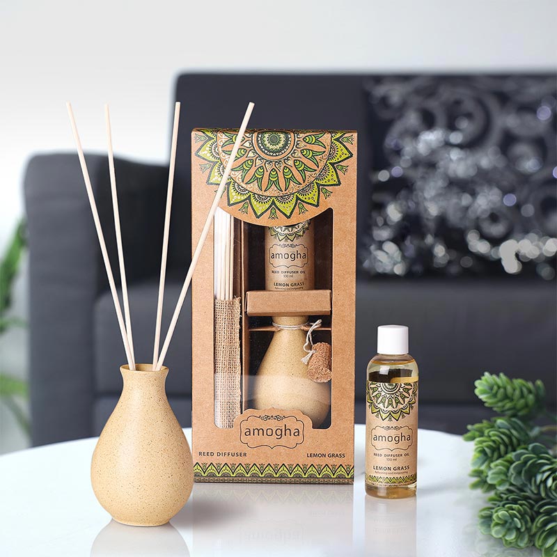 Amogha Reed Diffuser | 8 Reed Sticks with 100 ml Diffuser Oil | Multiple Options Lemon Grass