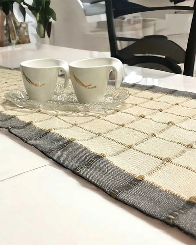 Beige Cotton Buoyant Table Runner With Textured Fabric | 71 X 16 Inch