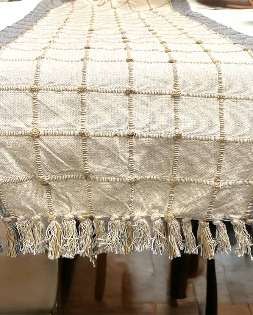 Beige Cotton Buoyant Table Runner With Textured Fabric | 71 X 16 Inch