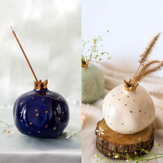 Ceramic Pomegranate Showpieces | 4 inch | Set of 2 | Multiple Colors Blinding Blue & Off-White