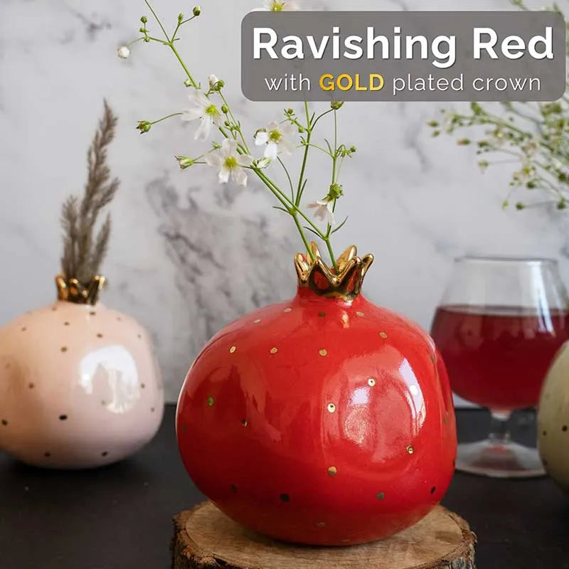 Ceramic Pomegranate Showpieces | 4 inch | Set of 2 | Multiple Colors Ravishing Red & Off-White