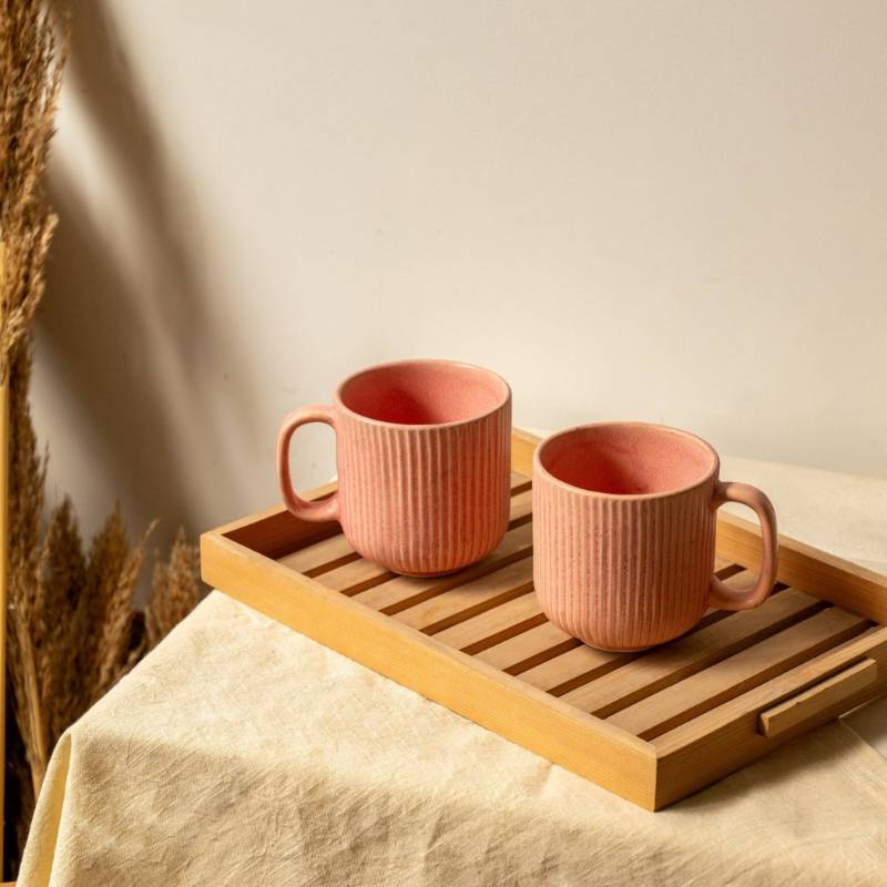 Striped Ceramic Mugs | Set of 2 | 330 ml Pink