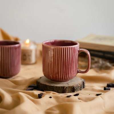 The Striped Mug  | 330 ml | Set of 2 | Multiple Colors Cherry Red color