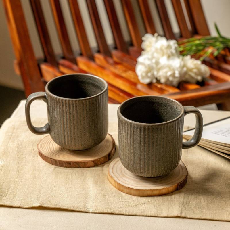 Striped Ceramic Mugs | Set of 2 | 330 ml Grey