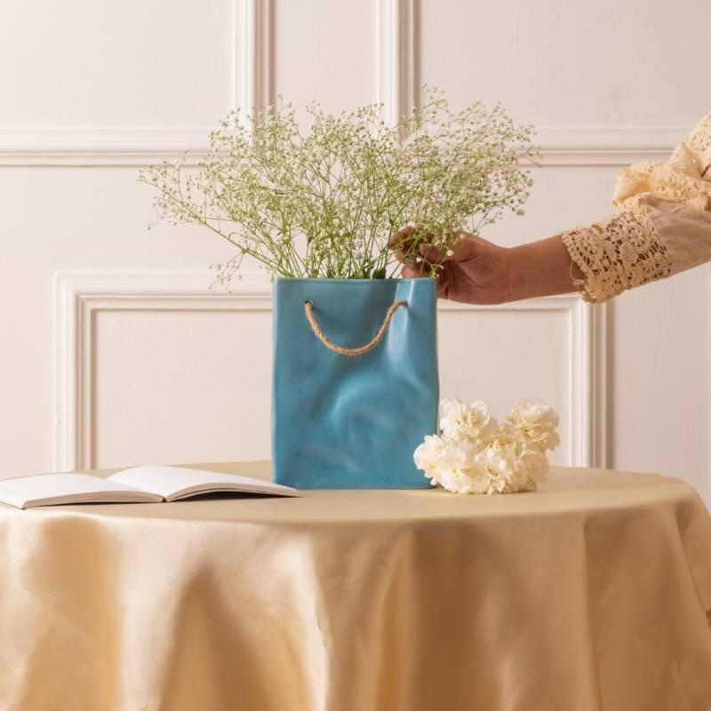 Crinkled Paper Bag Ceramic Flower Vase | 8 Inch Blue