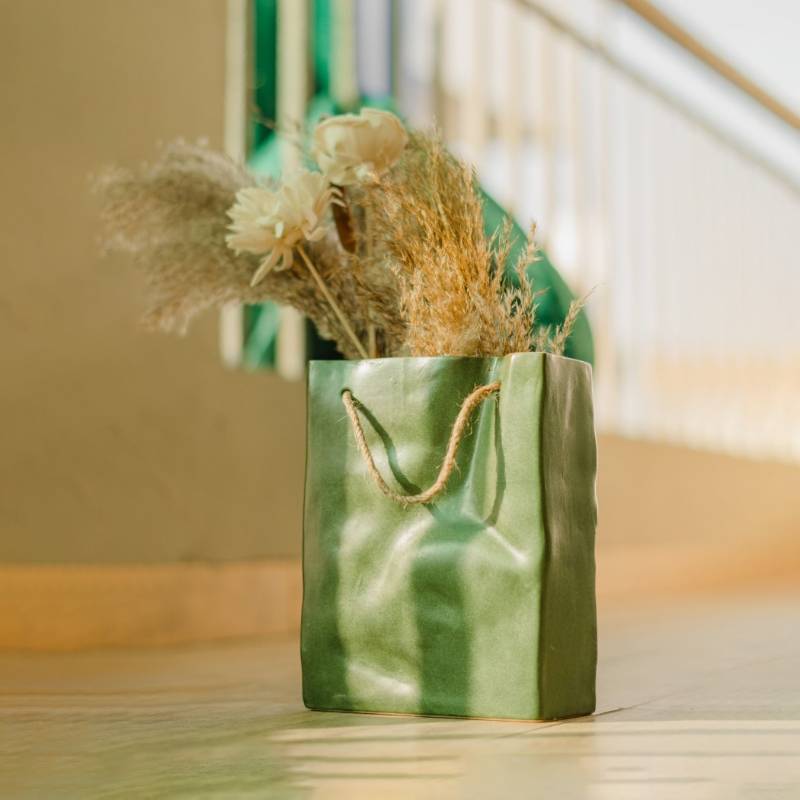 Crinkled Paper Bag Ceramic Flower Vase | 8 Inch Green