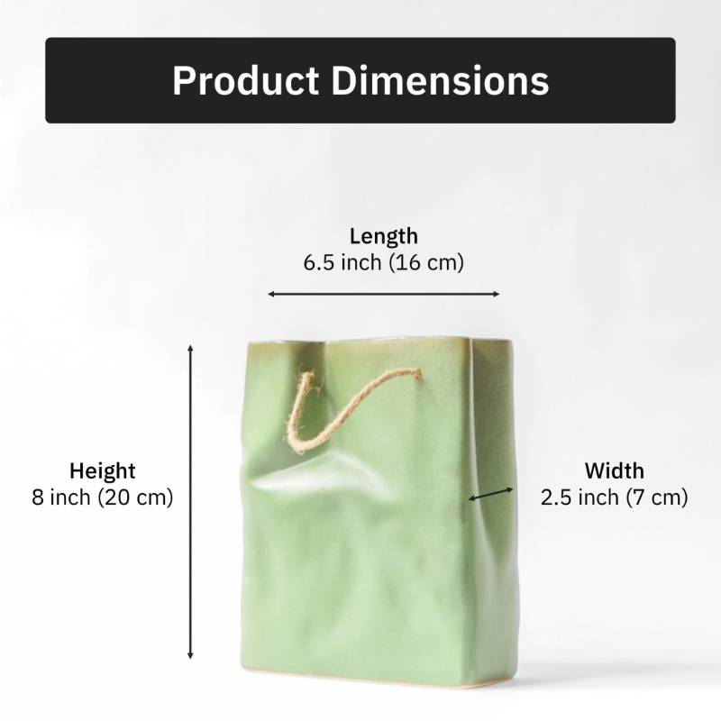 Crinkled Paper Bag Ceramic Flower Vase | 8 Inch Green
