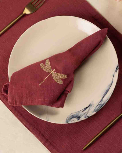 Burgundy Dragonfly Cotton Slub Napkins & Mats Combo Set Of 6