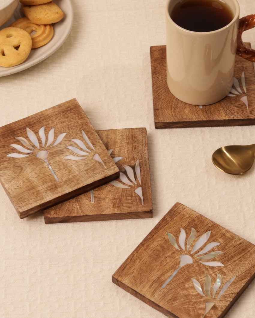 Beautiful Pearl Blossom Wooden Coasters Set | 4 x 4 inches