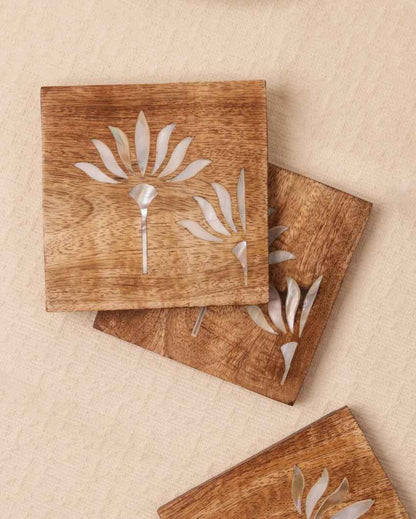 Beautiful Pearl Blossom Wooden Coasters Set | 4 x 4 inches