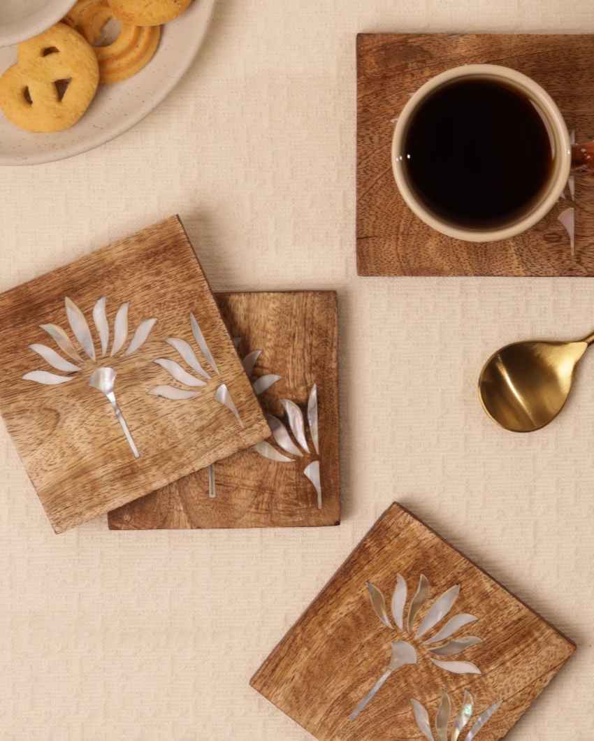 Beautiful Pearl Blossom Wooden Coasters Set | 4 x 4 inches