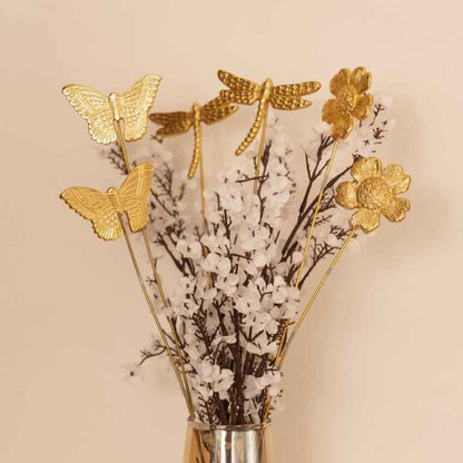 Charming Golden Fluttering Blooms Metal Sticks Without Vase and Flower | Set of 6