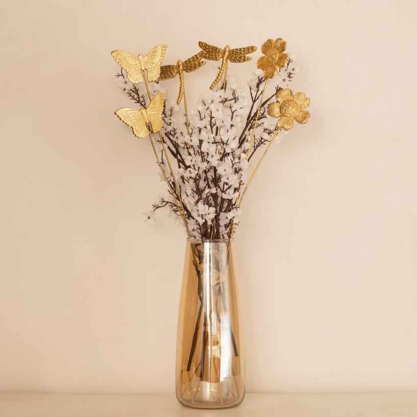 Charming Golden Fluttering Blooms Metal Sticks Without Vase and Flower | Set of 6