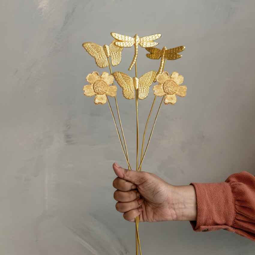 Charming Golden Fluttering Blooms Metal Sticks Without Vase and Flower | Set of 6