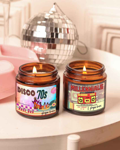 Trendy 70s Millennials Retro Rewind Glass Jar Candles | Set of 2