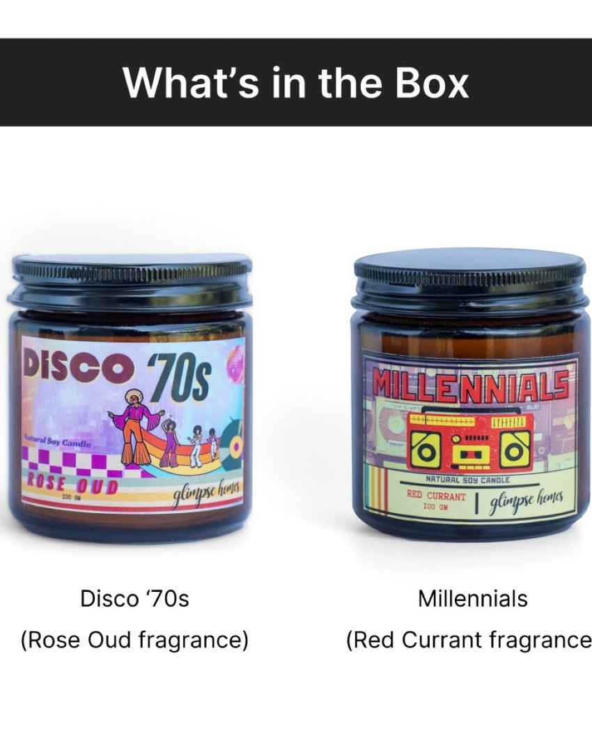 Trendy 70s Millennials Retro Rewind Glass Jar Candles | Set of 2