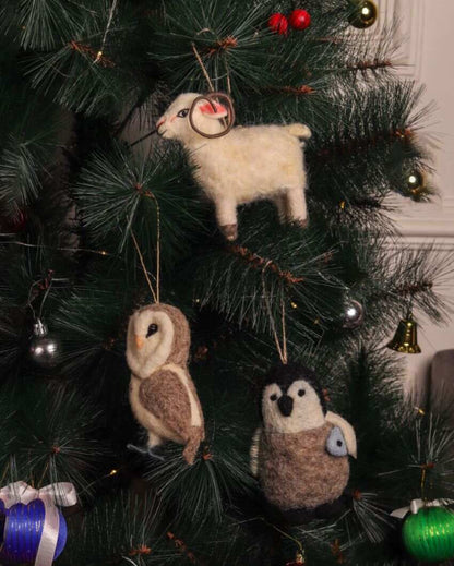 Owl Ram & Penguin Christmas Hanging Felt Ornaments | Pack of 3