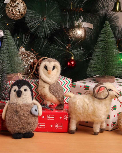 Owl Ram & Penguin Christmas Hanging Felt Ornaments | Pack of 3