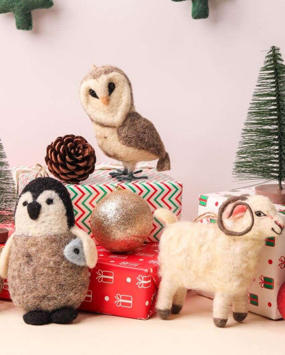 Owl Ram & Penguin Christmas Hanging Felt Ornaments | Pack of 3