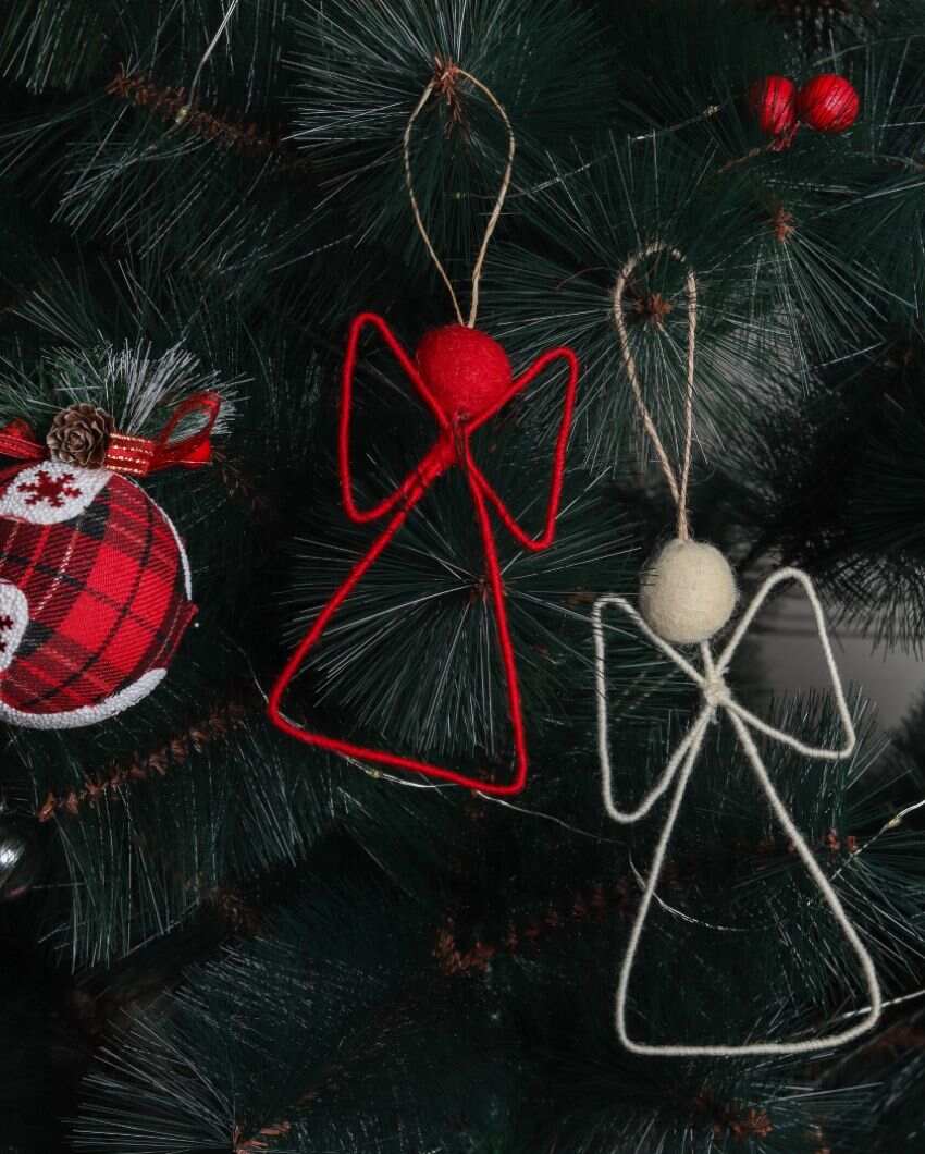 Red & White Angel Christmas Hanging Felt Ornaments | Set of 2 | 6 x 5 inches