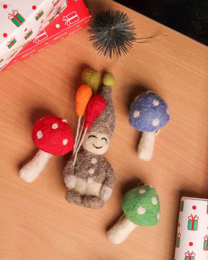 Elf & Mushrooms Christmas Hanging Felt Ornaments | Pack of 4