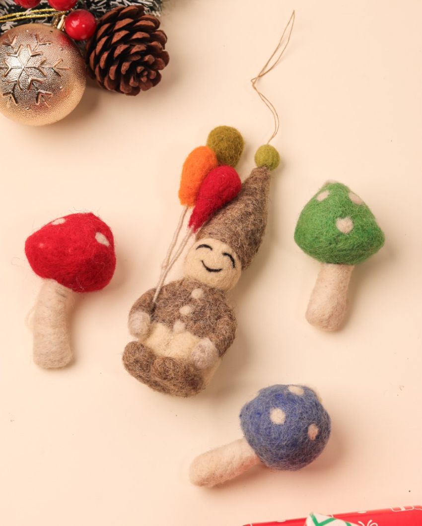 Elf & Mushrooms Christmas Hanging Felt Ornaments | Pack of 4