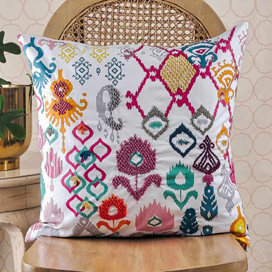 Punch Ikat Embroidery Cotton Cushion Cover| 16 x 16 inches , 12 x 20 inches , 20 x 20 inches