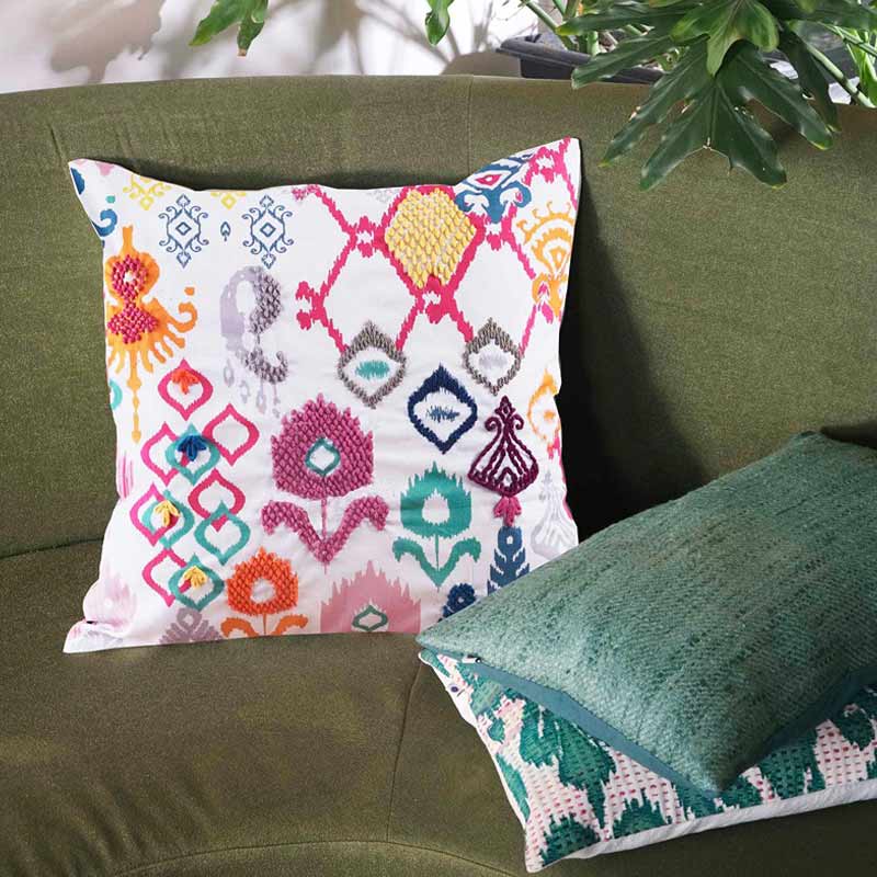 Punch Ikat Embroidery Cushion Cover | 16 inch, 20 inch, 12 x 20 inch 12 x 20 Inch