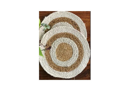 White Dual Ring Round Jute Placemat | 12 Inches | Set of 4, 6