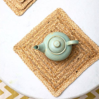Beige Square Shaped Jute Placemat | 13 Inches | Set of 4,6