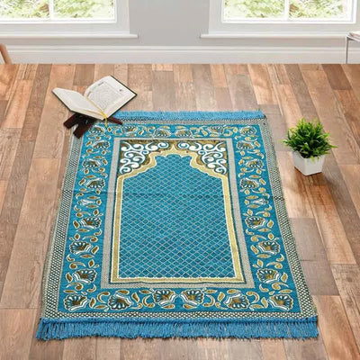 Floral Printed Chenille Janamaz Prayer Floormat | 42 x 27 inches