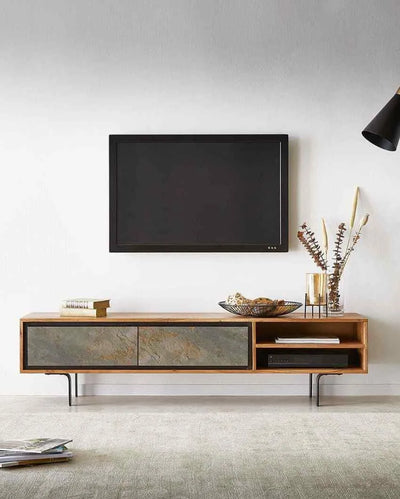 Jarrah Acacia Wood, Stone Vinner And Metal Legs Tv Cabinet