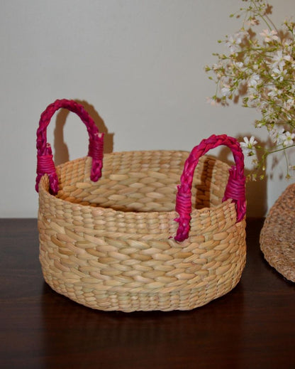 Luxury Kauna Round Beige & Fuchsia Fruit Basket | 7 x 3 inches