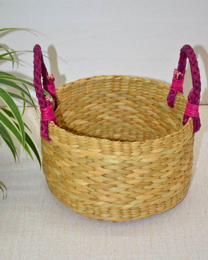 Luxury Kauna Round Beige & Fuchsia Fruit Basket | 7 x 3 inches