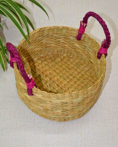 Luxury Kauna Round Beige & Fuchsia Fruit Basket | 7 x 3 inches