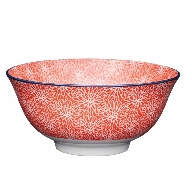 Glazed Stoneware Red Floral and Blue Edge Bowl Default Title